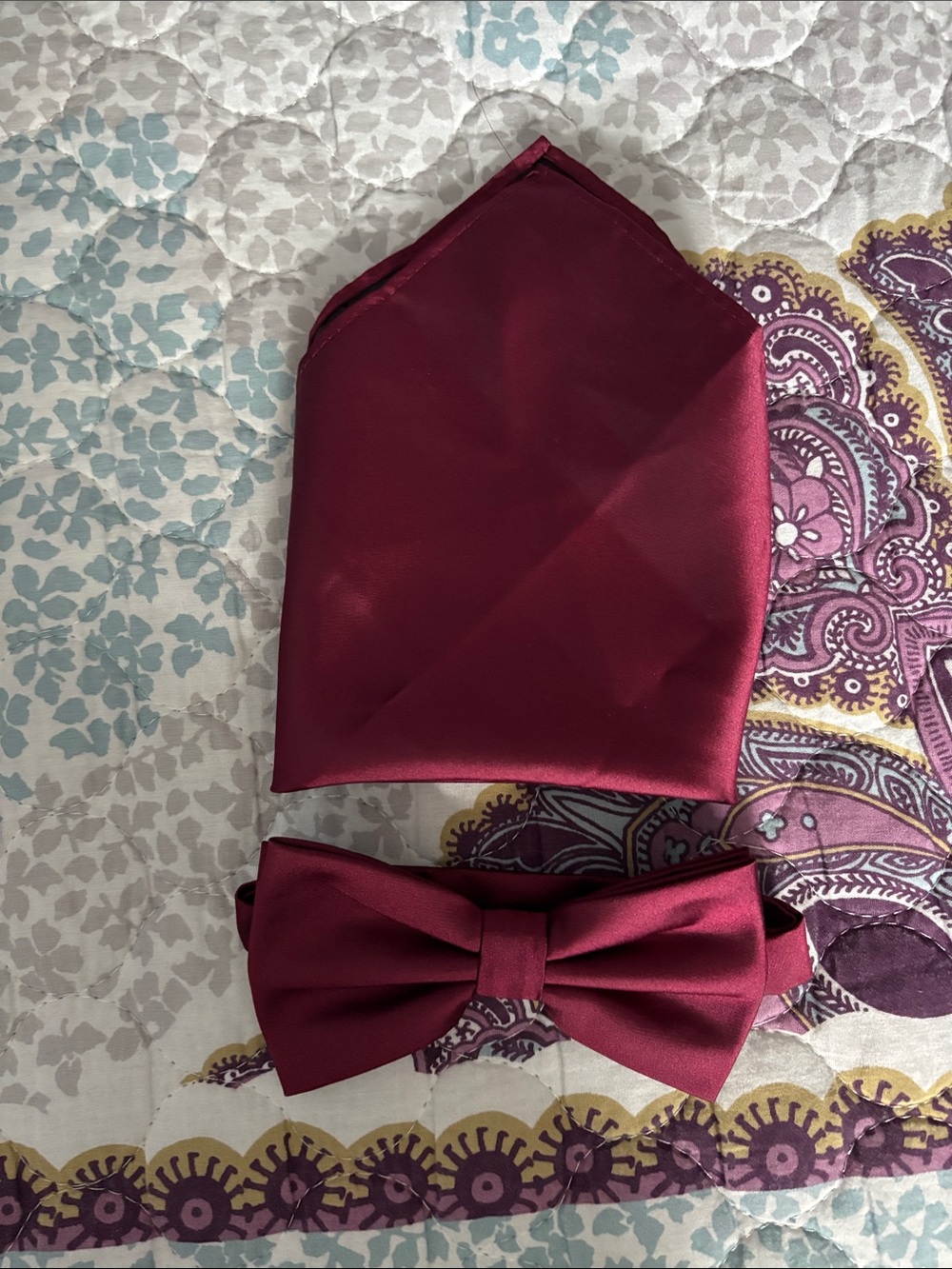 Men's Burgundy Bow Tie and Pocket Square Set